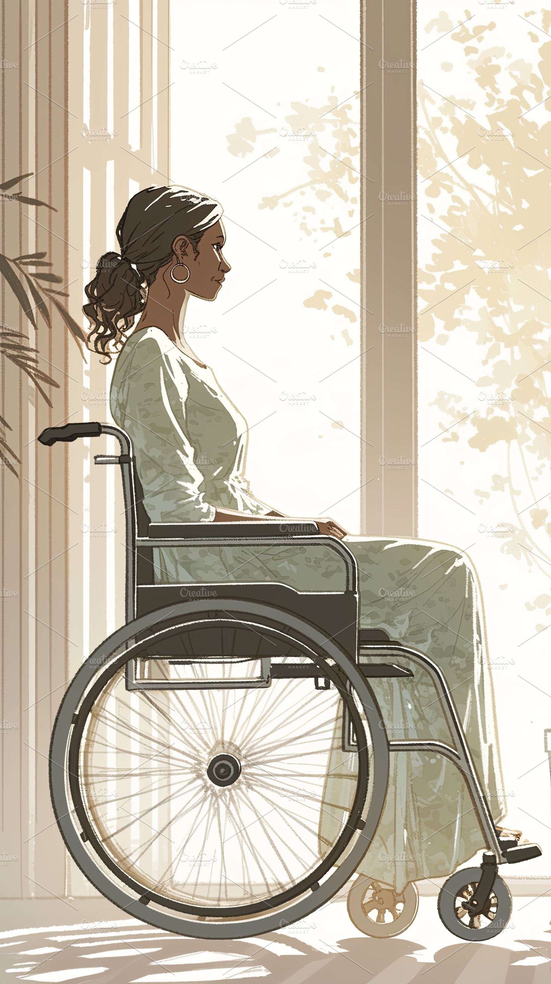 Woman in a wheelchair sitting in a sunlight-filled room by a window, a Photo by AS photostudio