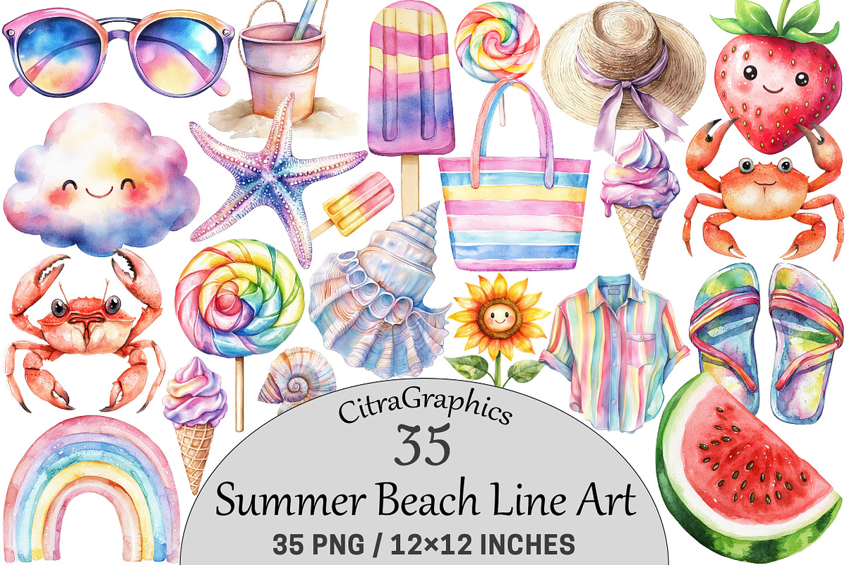Summer Beach Line Art Doodles, a Seasonal Illustration by CitraGraphics (Photo 1 of 6)