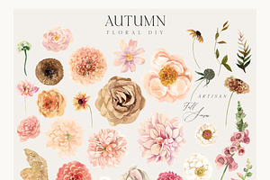 AUTUMN Watercolor Flowers & Animals