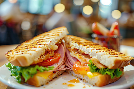 Toast sandwich with cheese, turkey ham, tomato and fresh lettuce on wooden tabl, a Food & Drink Photo by AlyaAnd