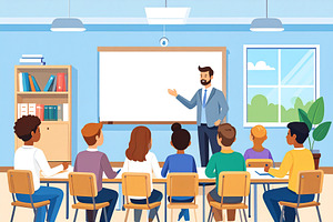 Diverse group of students listening to a teacher at classroom., an Education Illustration by DanFLCreativo