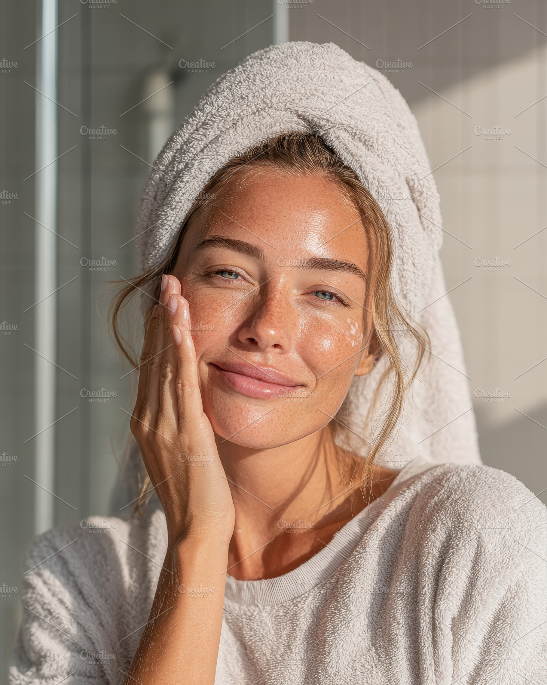 Woman Applying Skincare Product with Towel on Head, a Person Photo by AlyaAnd