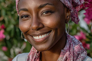 Smiling Black cancer survivor woman wearing pink headscarf outdo, a Person Photo by José Manuel Gelpi
