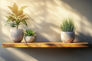 Three stylish potted plants on a wooden shelf, adding a touch of nature to mode, a Background Photo by ImageMir