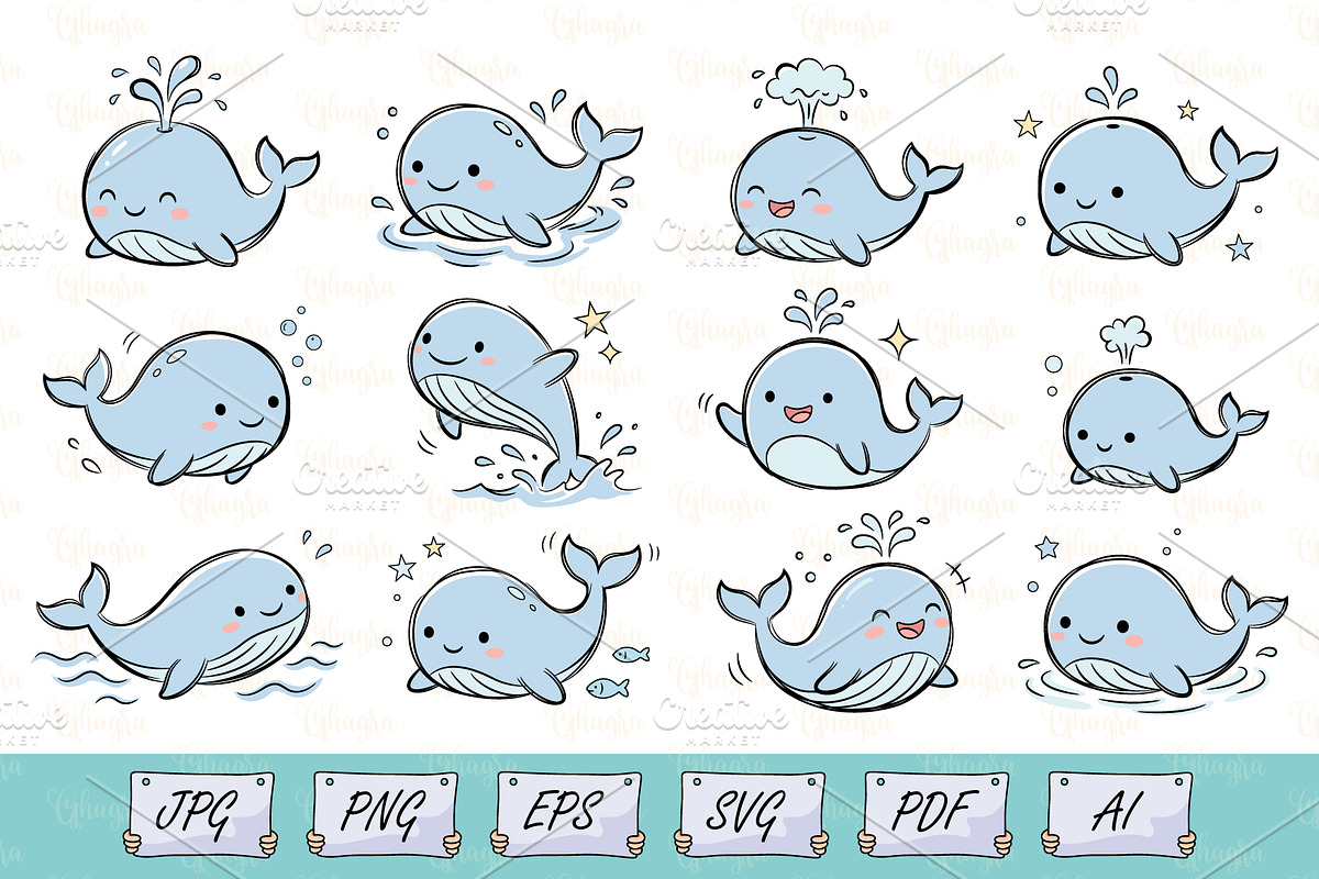 Cute Whale Cartoon Doodle Set svg, an Animal Illustration by Ghagra (Photo 1 of 3)