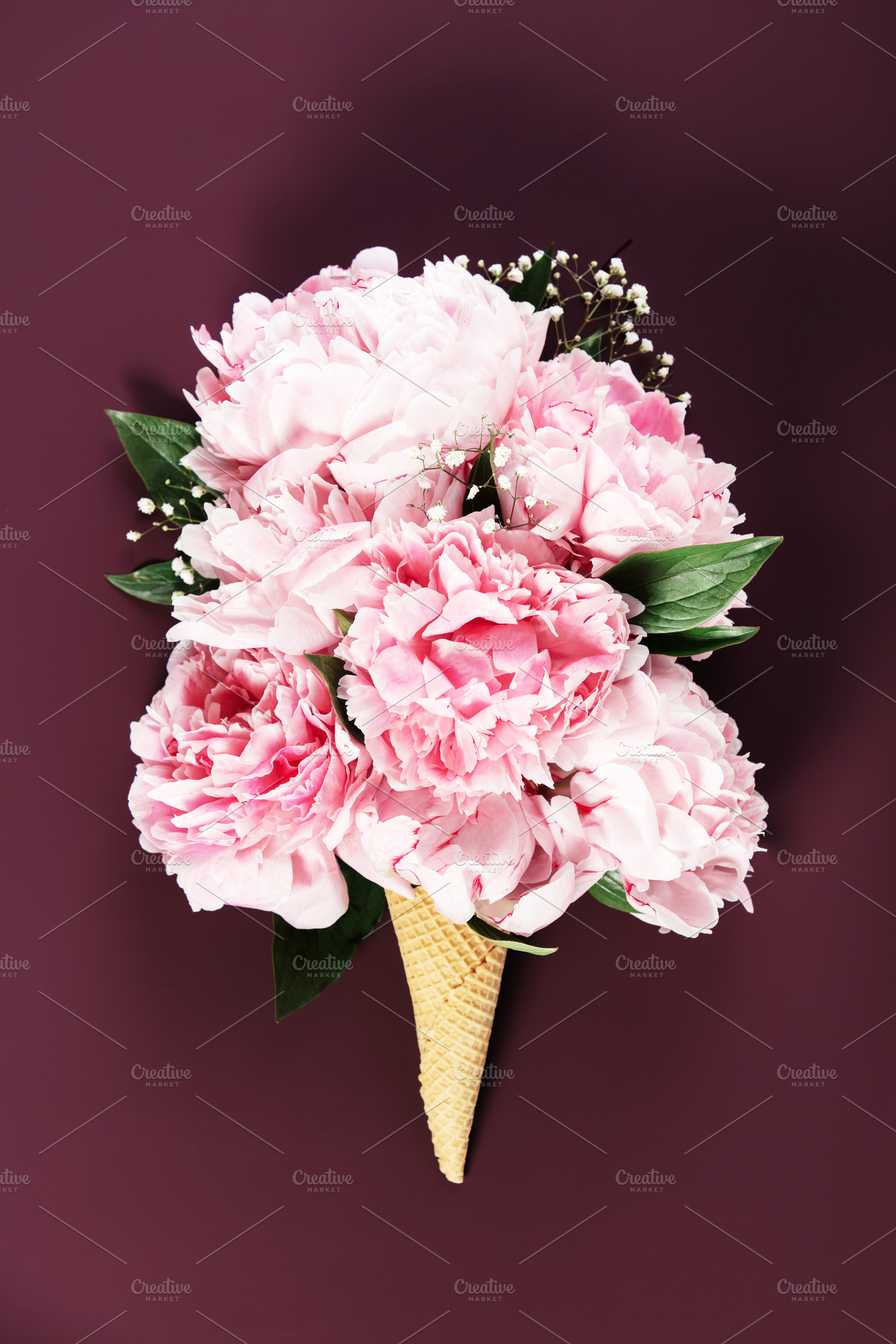 Pink Peony Floral Cone Against Burgundy Background, a Holiday Photo by Natalia Klenova's Shop