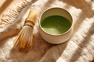 Crafting matcha in a traditional bowl with a bamboo whisk on linen fabric, a Food & Drink Photo by AlyaAnd