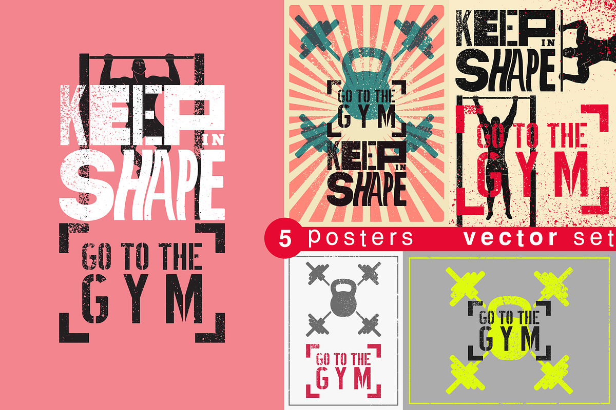 Gym vintage vector poster set., a Sport Illustration by PoPaShop (Photo 1 of 6)