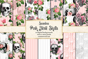 Pink Floral Skulls Digital Paper