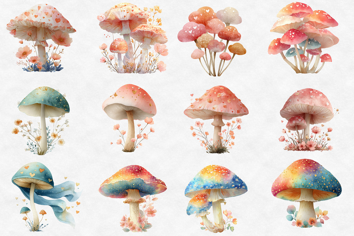 Watercolor Spring Mushrooms Clipart, an Illustration by Designworld (Photo 2 of 6)