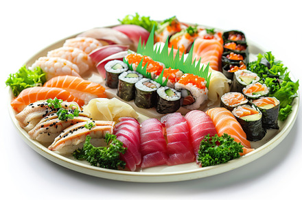 Assorted tasty sushi food in plate on white background, a Food & Drink Photo by AlyaAnd