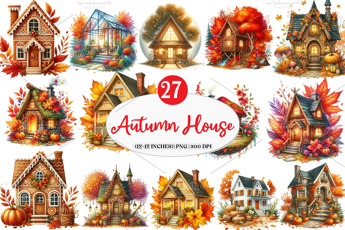 Watercolor Autumn House Clipart, an Illustration by Watercolor design (Photo 1 of 4)