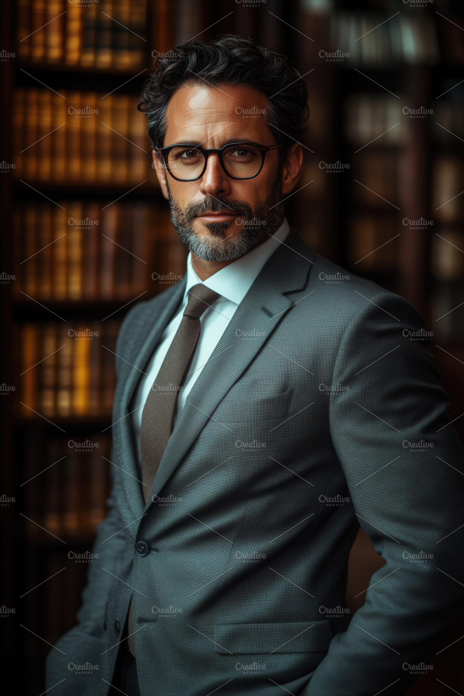 A confident international lawyer man in a tailored suit and glasses stands in a, a Person Photo by Textures & Backgrounds