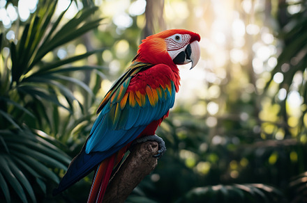 Red macaw parrot sits on a branch, an Animal Photo by MistyDay