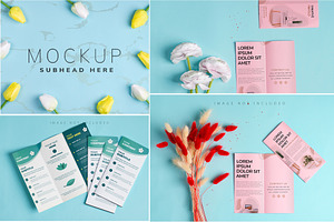 Mockup Brochures & Backdrop On Blue