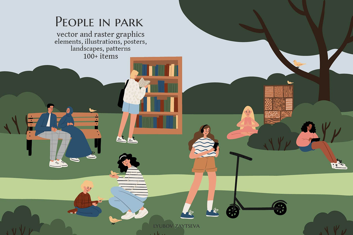 People in park Illustration clipart, a Seasonal Illustration by LyubovZaytseva (Photo 1 of 21)