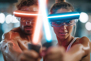 Sword-fighting workout in virtual reality with participants wearing headsets, a Photo by AlyaAnd