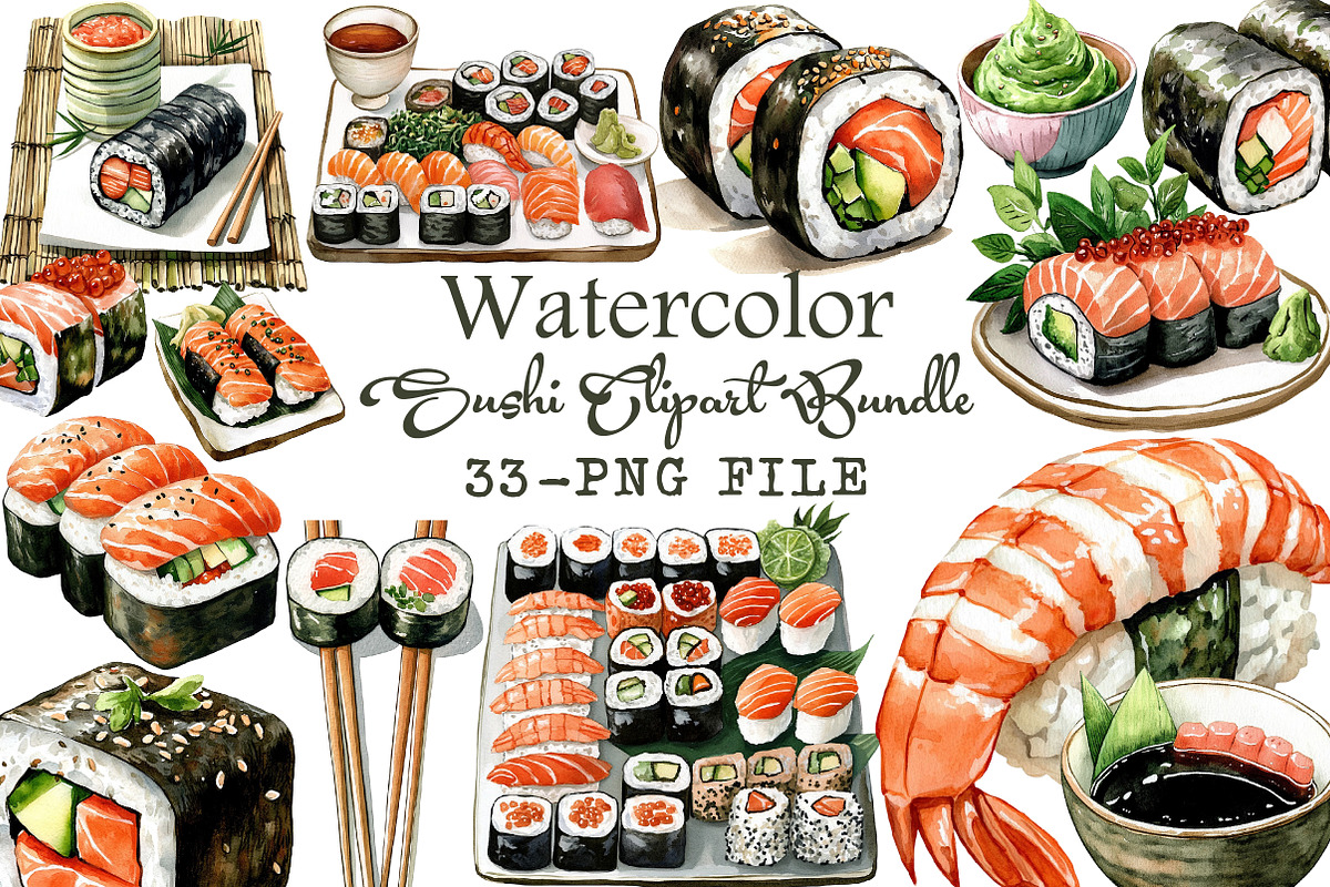 Watercolor Sushi Clipart Bundle, an Illustration by Libby Wishes (Photo 1 of 7)