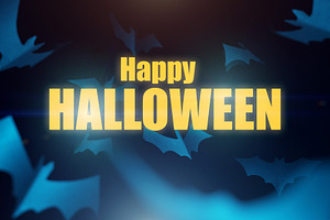 Halloween photo of blue paper bats on blank dark blue background.
