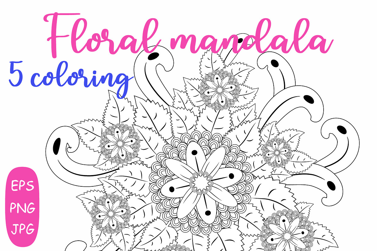 Flower Mandala: 5 Coloring Pages, a Poster Template by Michiru13 (Photo 1 of 6)
