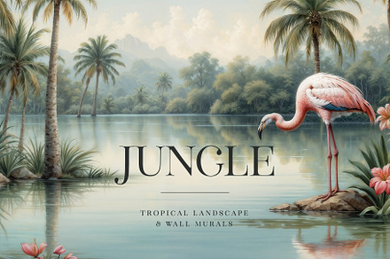 Jungle Tropical Landscape Wall Mural, a Wallpaper Graphic by by creative paper