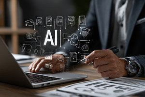 AI Businessman working on laptop AI, a Photo by Pixeness Studio