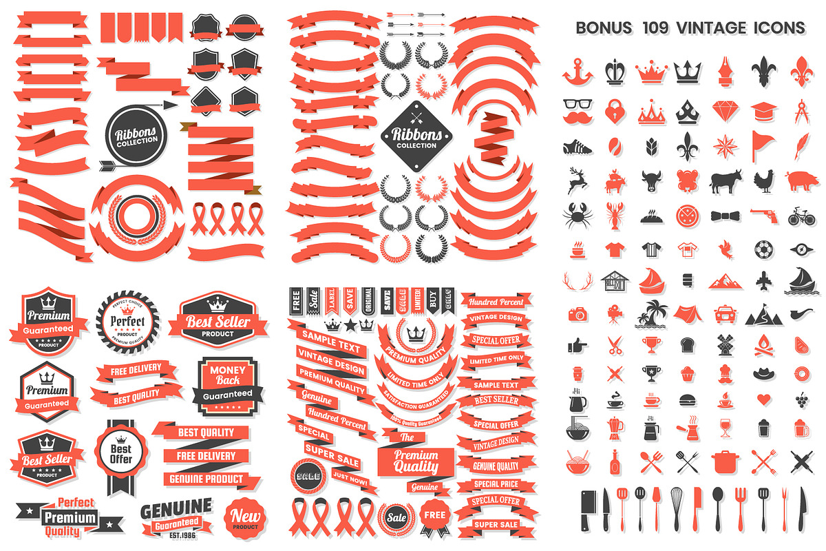 Vintage Badge & Objects Vector Set, a Decorative Illustration by Toonsteb
