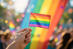 Hand holding a rainbow flag, a Photo by rarrarorro
