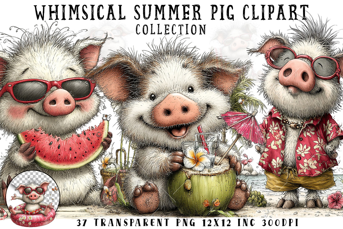 Whimsical Summer Pig Clipart, an Illustration by OK Design (Photo 1 of 6)