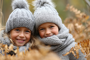 Two happy children in knitted gray, a Person Photo by MistyDay