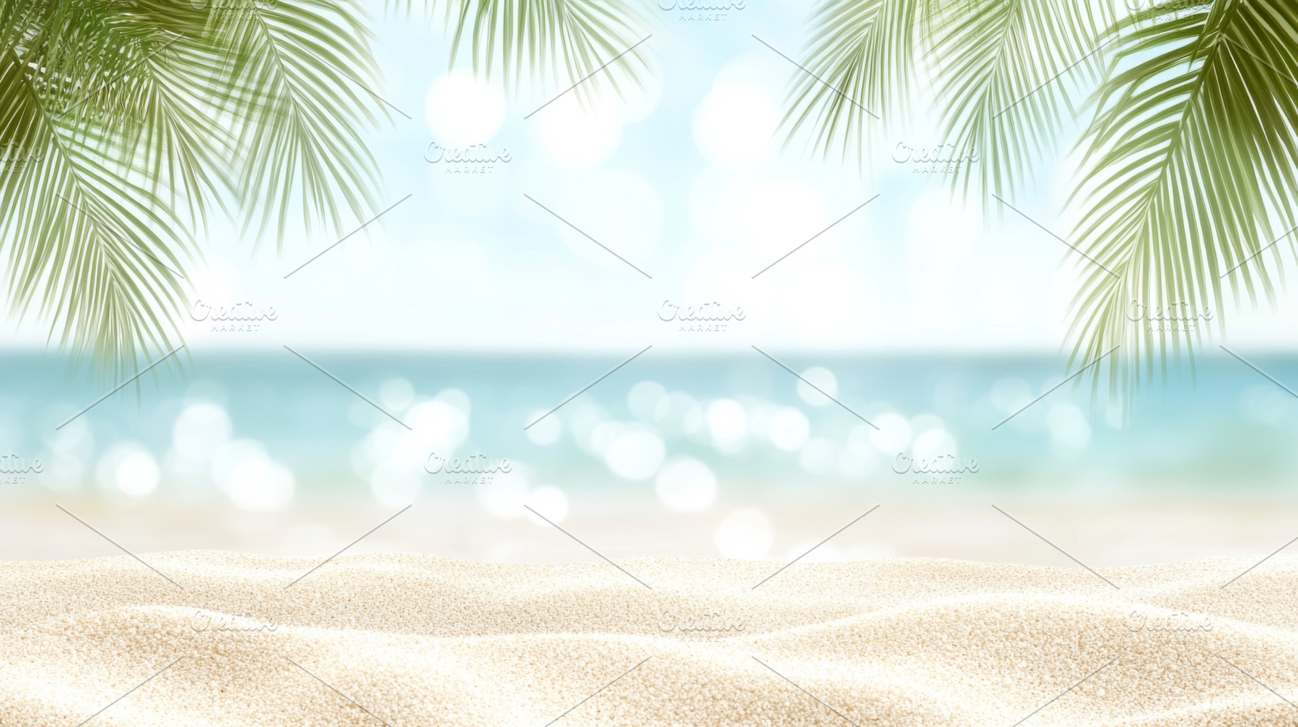 Blurred tropical beach with palm lea, a Photo by Dvoevnore photos