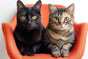 Two adorable cats, one black and one tabby, relaxing together on a bright orang, an Animal Photo by ImageMir