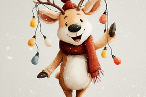 Happy cartoon reindeer in red scarf and beanie holding Christmas, a Nature Photo by José Manuel Gelpi