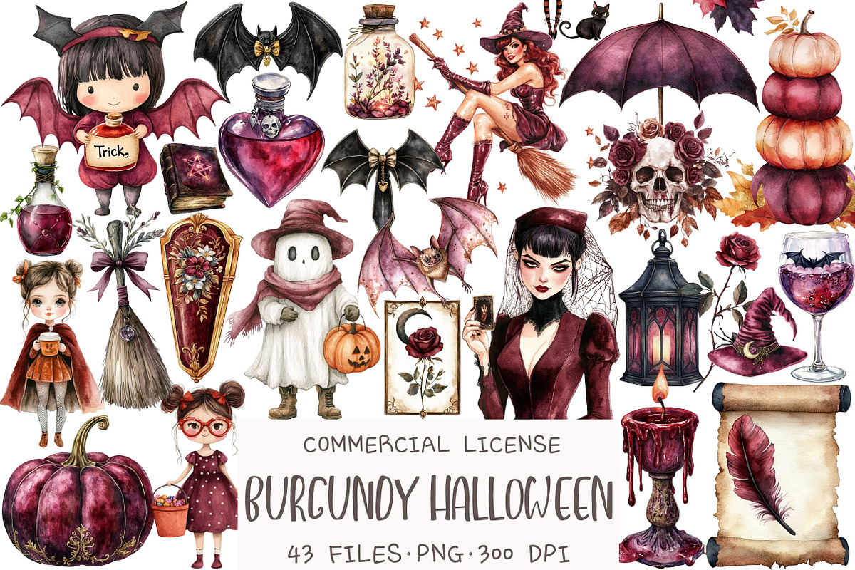 Burgundy Halloween Clipart, an Illustration by OK Design (Photo 1 of 5)