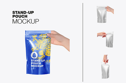 Glossy Stand-up Pouch with Hand Mock, a Product Mockup by OneVectorStock
