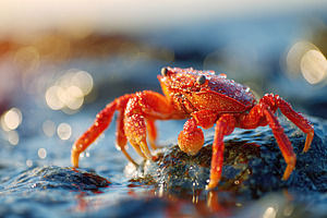 Bright red crab perched on a rock by the shore during sunset with sparkling wat, an Animal Photo by AlyaAnd