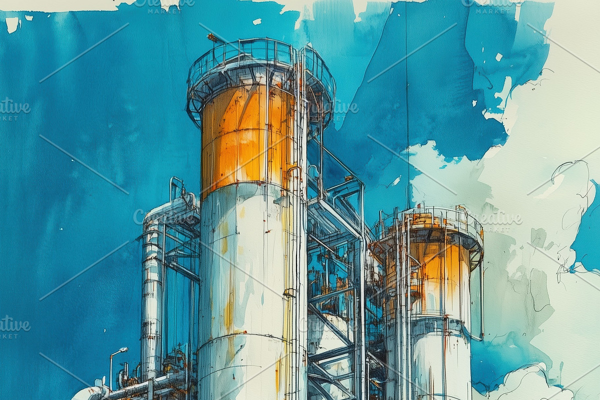 A detailed illustration of an industrial facility featuring large silos and pip, a Technology Illustration by Textures & Backgrounds