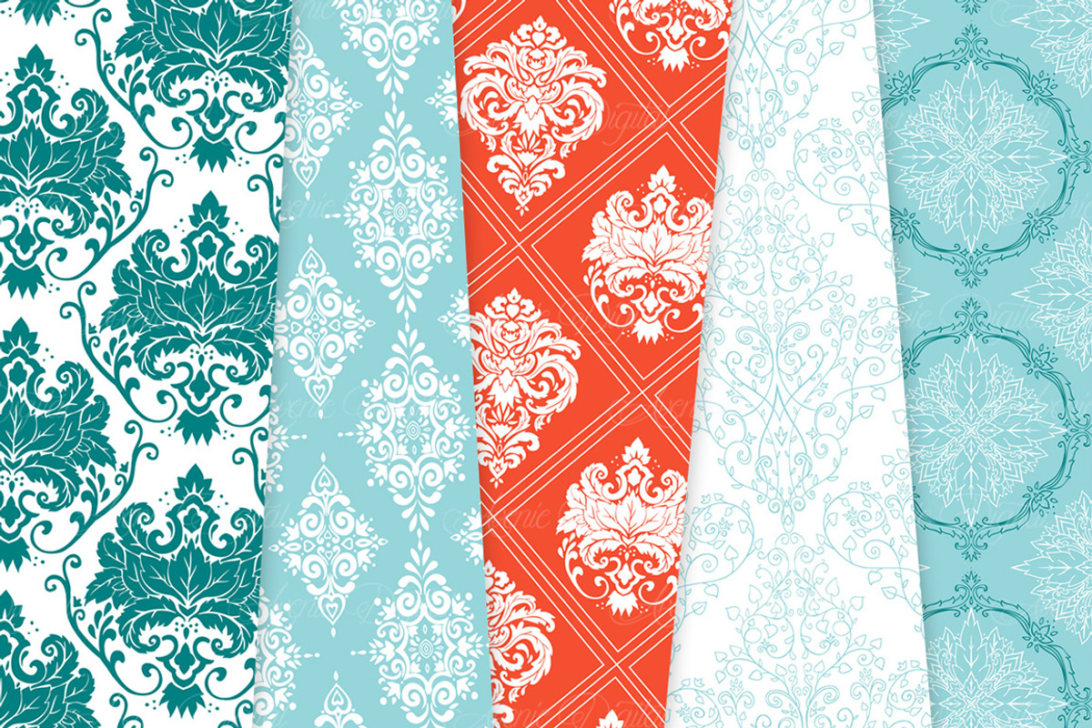 28 Teal and Red Damask Digital Paper, a Pattern Graphic by Avenie Digital