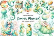 Summer Mermaid Watercolor Clipart, an Illustration by CreationArt (Thumbnail 1 of 9)