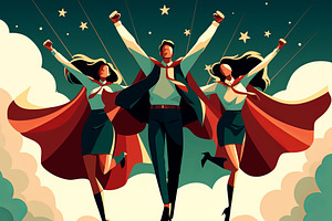 Business team in superhero style flying through the sky, a Photo by AS photostudio