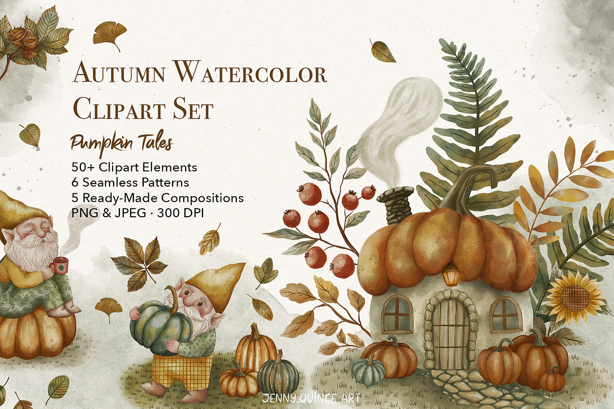 Cozy Autumn Gnomes & Pumpkin Clipart, a Decorative Illustration by Jenny Quince (Photo 1 of 11)