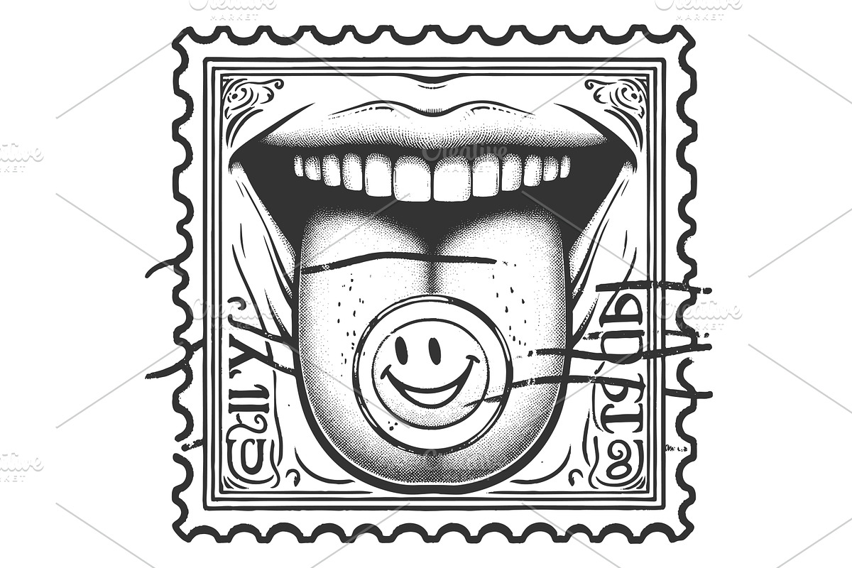 Postage Stamp with Mouth Tongue, an Object Illustration by AlexArt