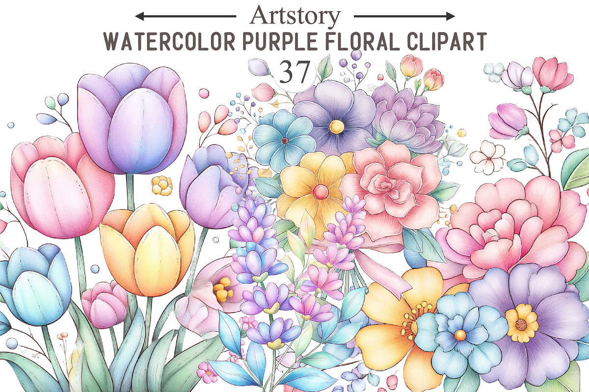Watercolor Purple Floral Clipart, an Illustration by designcity5 (Photo 1 of 5)