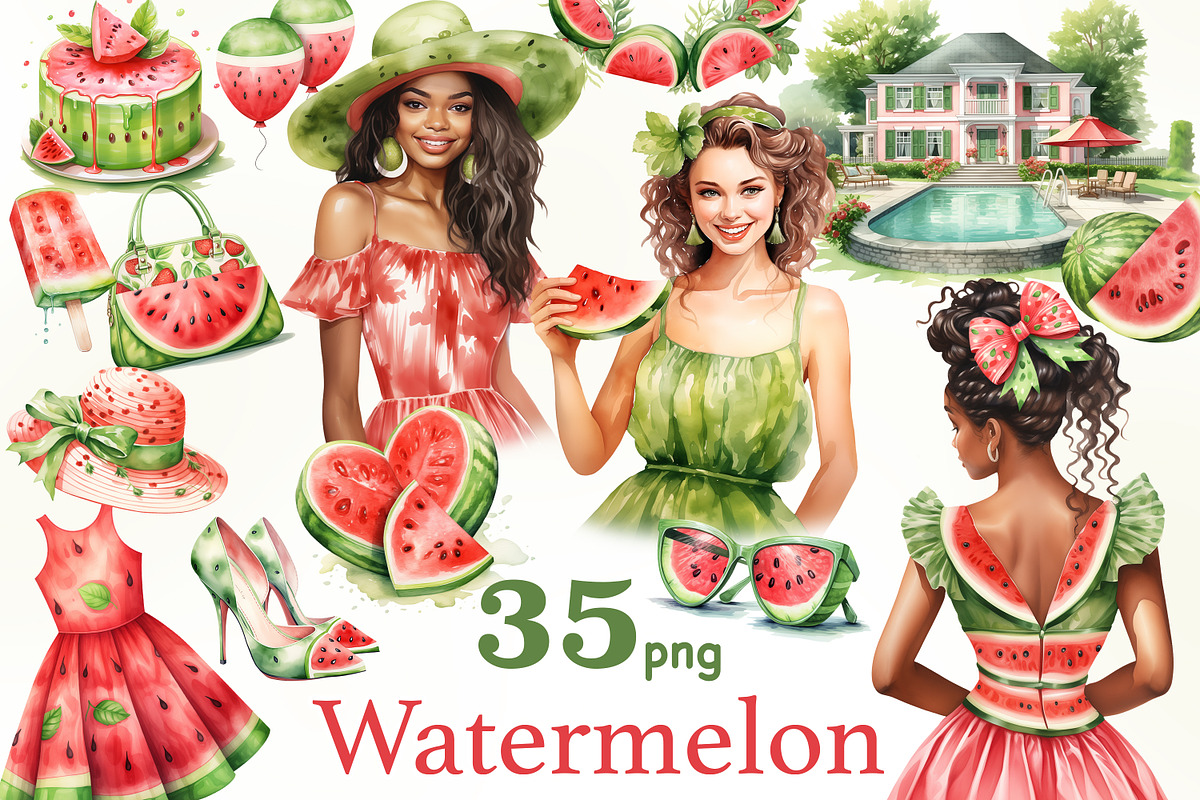 Watermelon Clipart | Summer Girl PNG, a Food Illustration by GlamArtZhanna (Photo 1 of 6)