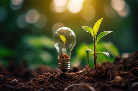 A small sprout growing out of a vintage light bulb filled with s, a Business Photo by designvectx