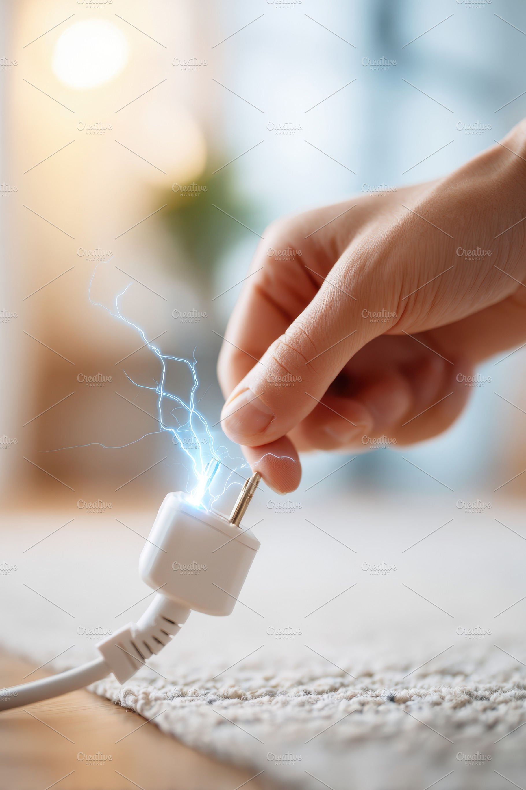 Hand reaching for electric plug with sparks, a Technology Photo by AlyaAnd