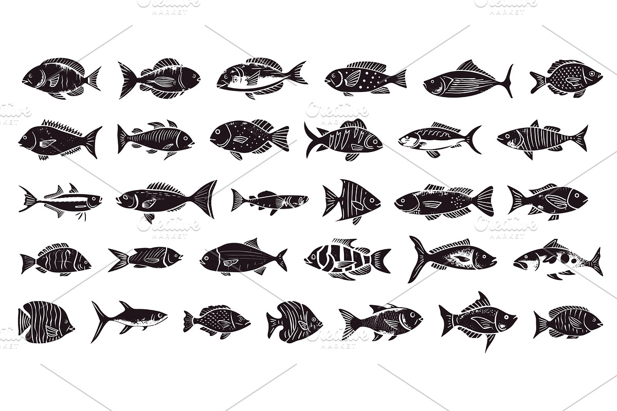 Sea Fishes Linocut Print Style Icons, an Animal Illustration by LadadikArt