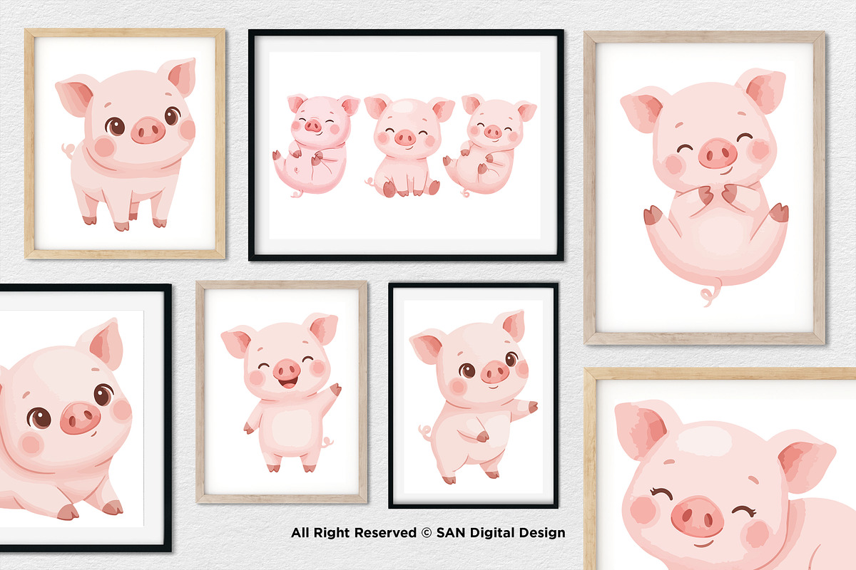 15 Bundle Watercolor Cute Pig Pink, an Animal Illustration by Morspective (Photo 4 of 8)