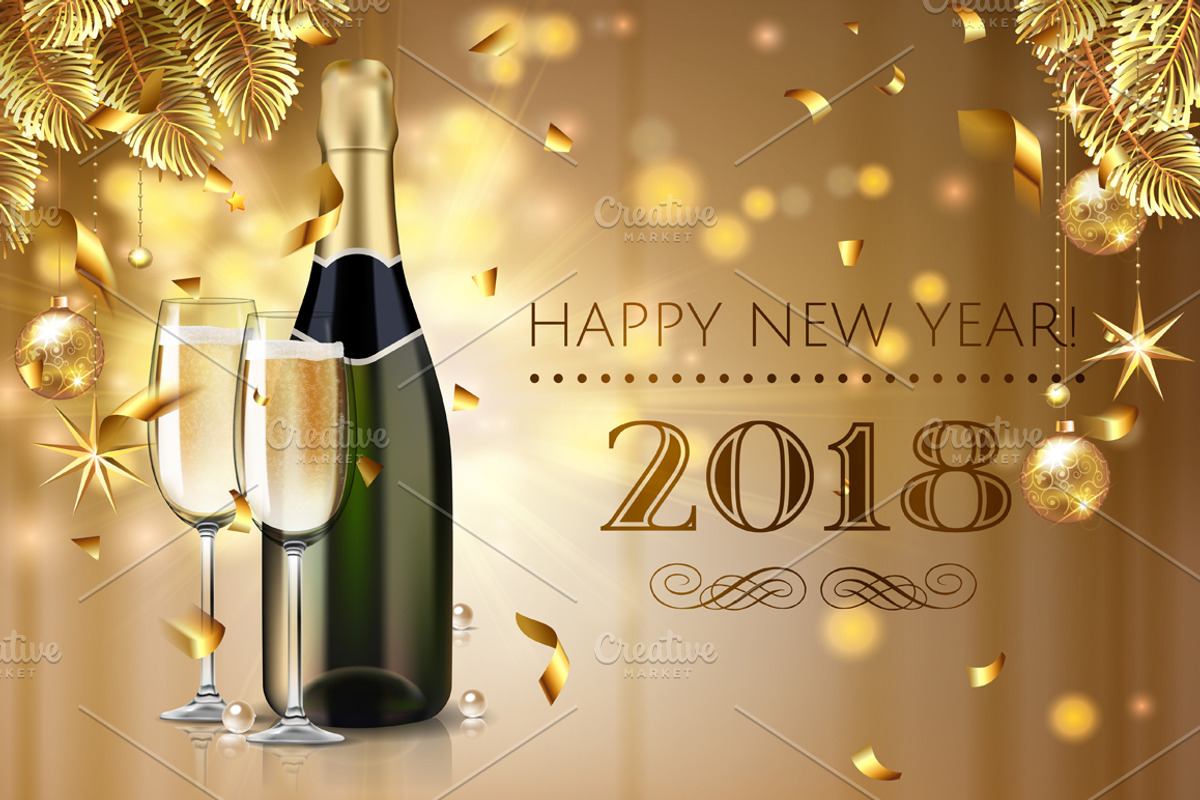 Happy New Year card with champagne, a Decorative Illustration by Nikelser