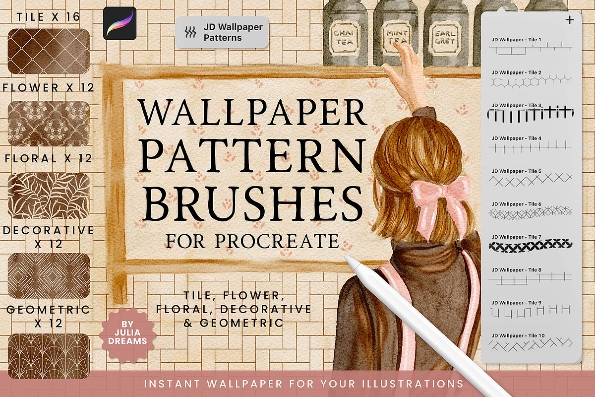 Wallpaper Pattern Procreate Brushes, a Brush Add-On by Julia Dreams (Photo 1 of 8)
